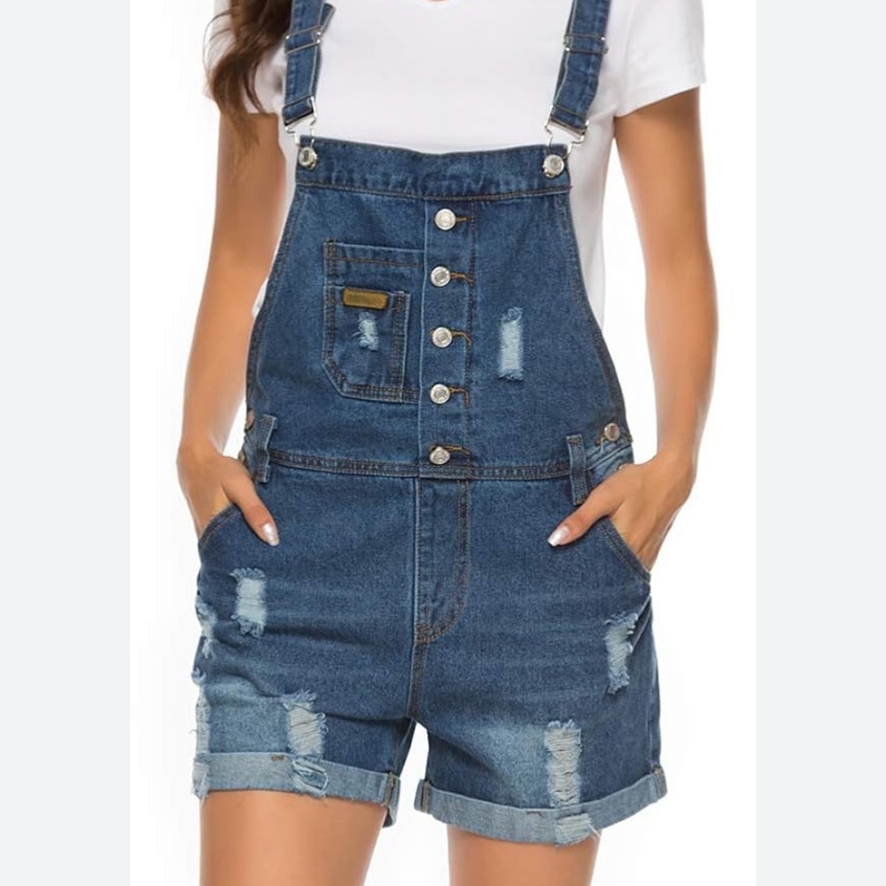 AVACOSTUME Blue Destroyed Denim Cuffed Distressed Bib Overall Shorts  M NWT